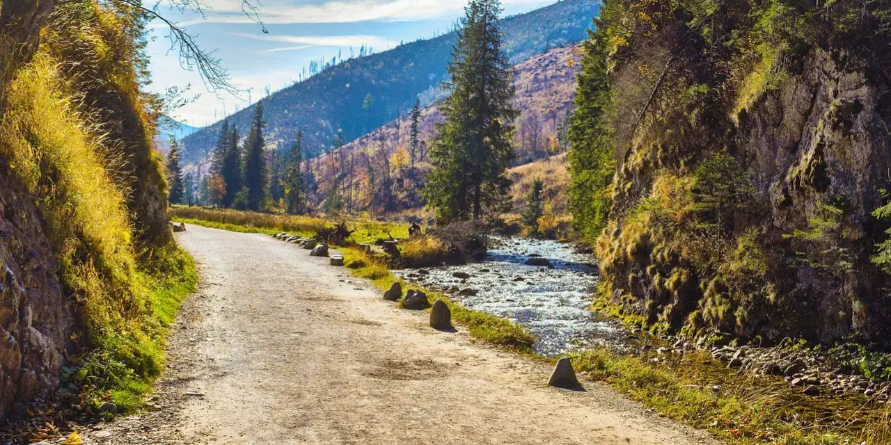 Droga przez jesienny las w Dolinie Kościeliskiej. Widok na potok i góry, idealne kościelisko atrakcje.