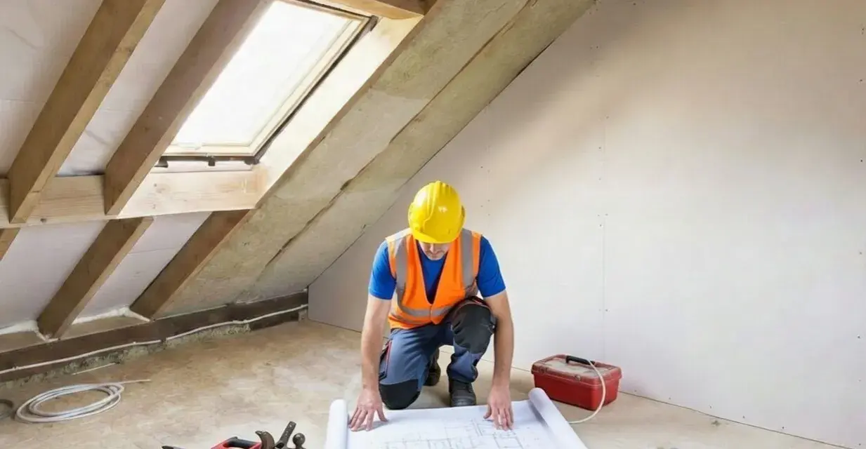 Budowlaniec w kasku i kamizelce analizuje projekt na podłodze w surowej suterenie. Narzędzia i skrzynka z wyposażeniem leżą obok.