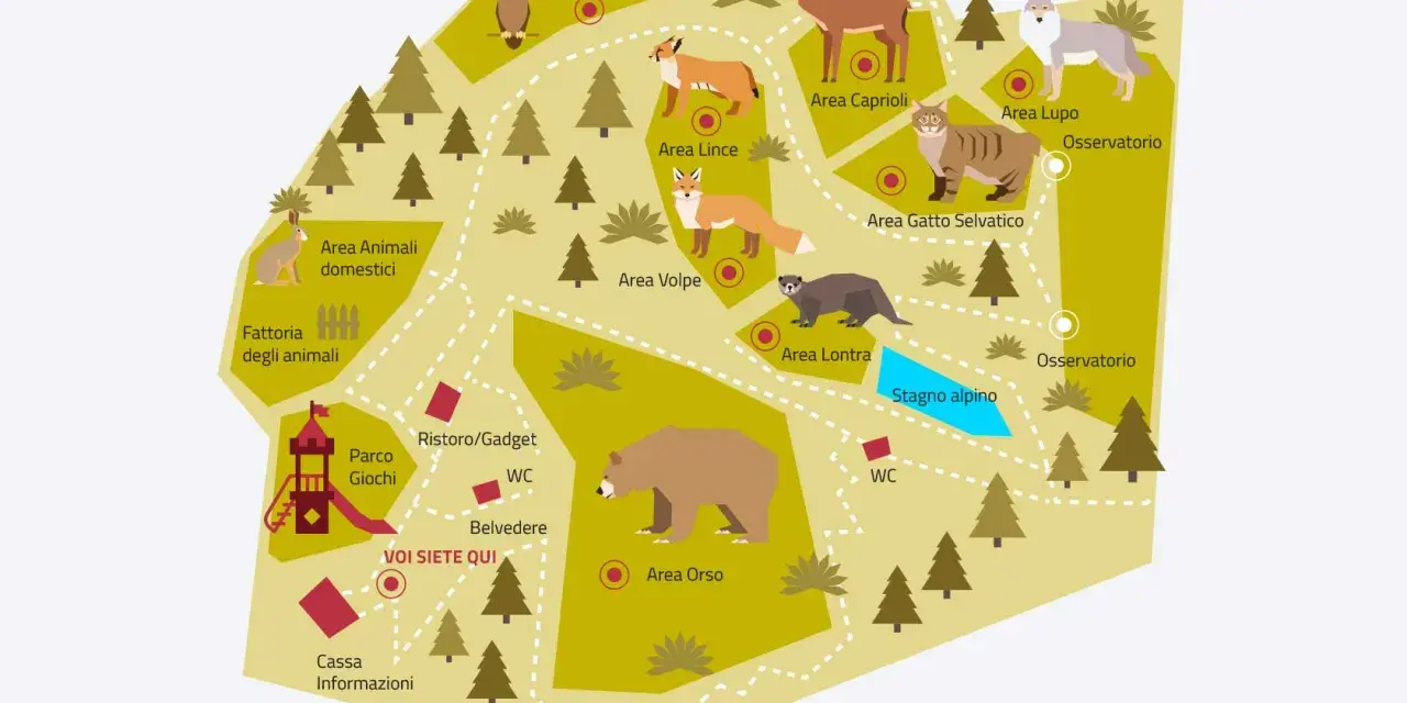 Mappa illustrata del **Spormaggiore parco** con aree dedicate a volpi, lupi, orsi, lontre, caprioli, gatti selvatici, gufi reali, linci, animali domestici e una fattoria. Include parco giochi, ristoro, osservatori e stagno alpino.