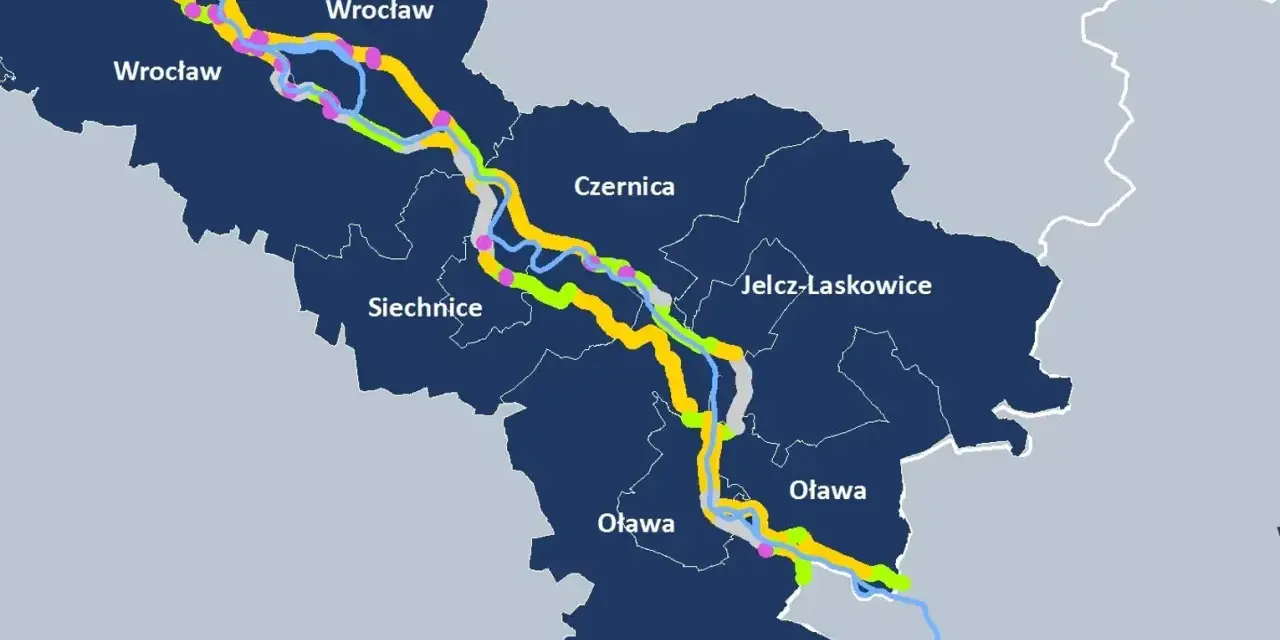 Mapa z zaznaczonymi trasami rowerowymi, w tym niebieski velo, biegnącymi przez Wrocław, Czernicę, Siechnice, Jelcz-Laskowice i Oławę.