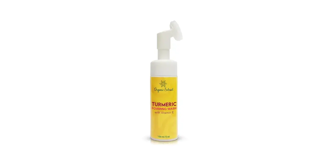 A bottle of Organic Extract Turmeric Foaming Wash with Vitamin E, highlighting its turmeric face wash benefits for radiant skin.