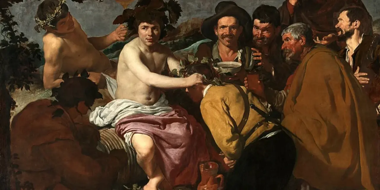 Un grupo de hombres celebra con vino, una escena típica de las pinturas del barroco. Un joven coronado de hojas parece ser el centro de atención.