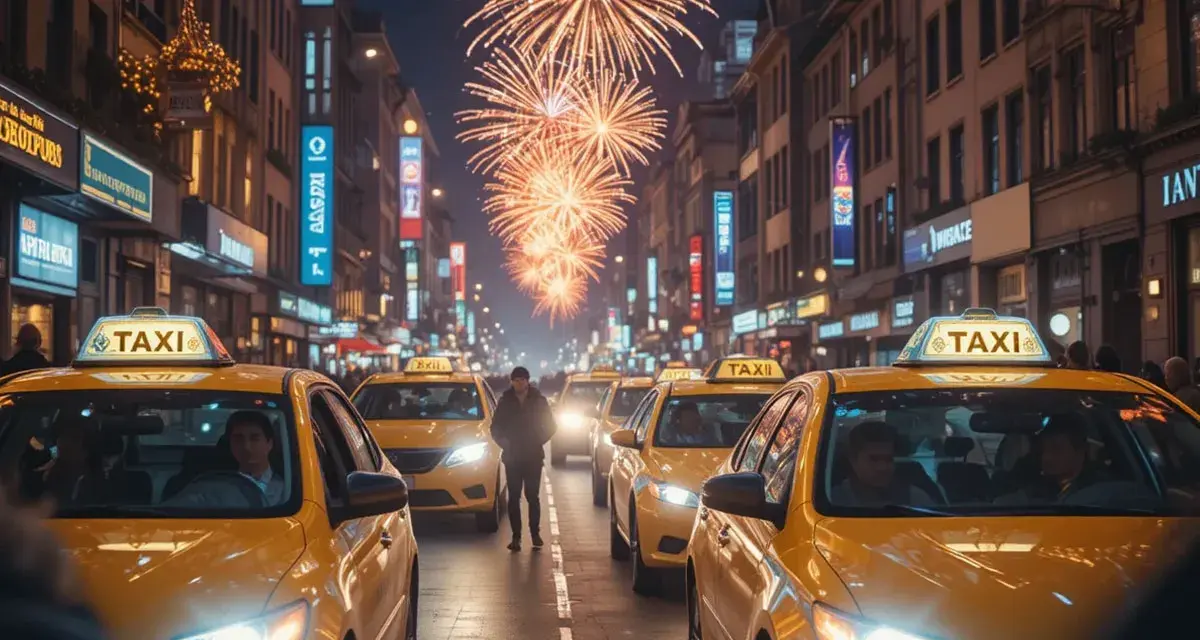 Gelbe Taxis stehen in einer beleuchteten Straße, während Feuerwerk den Silvesterhimmel erhellt.