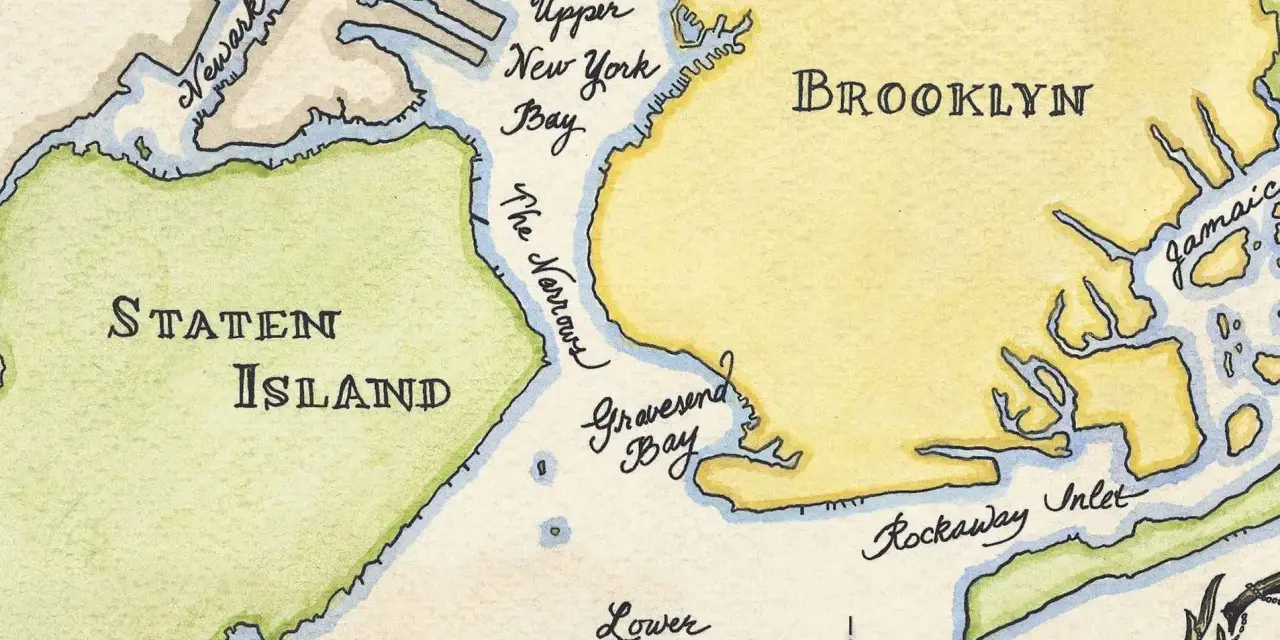 Mapa pokazuje, gdzie jest Nowy Jork: Staten Island, Brooklyn, Newark Bay i Upper New York Bay.