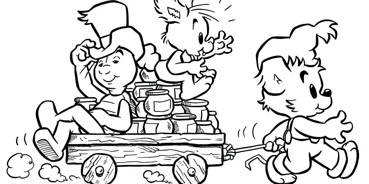 A cartoon bear pulls a wagon filled with honey jars, with a rabbit and a boy riding in it.