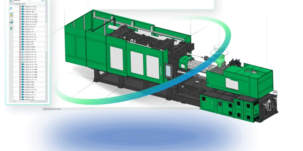 Projektowanie wtryskarki z wykorzystaniem narzędzi CAD/CAM/CAE. Widok modelu 3D z drzewem części.