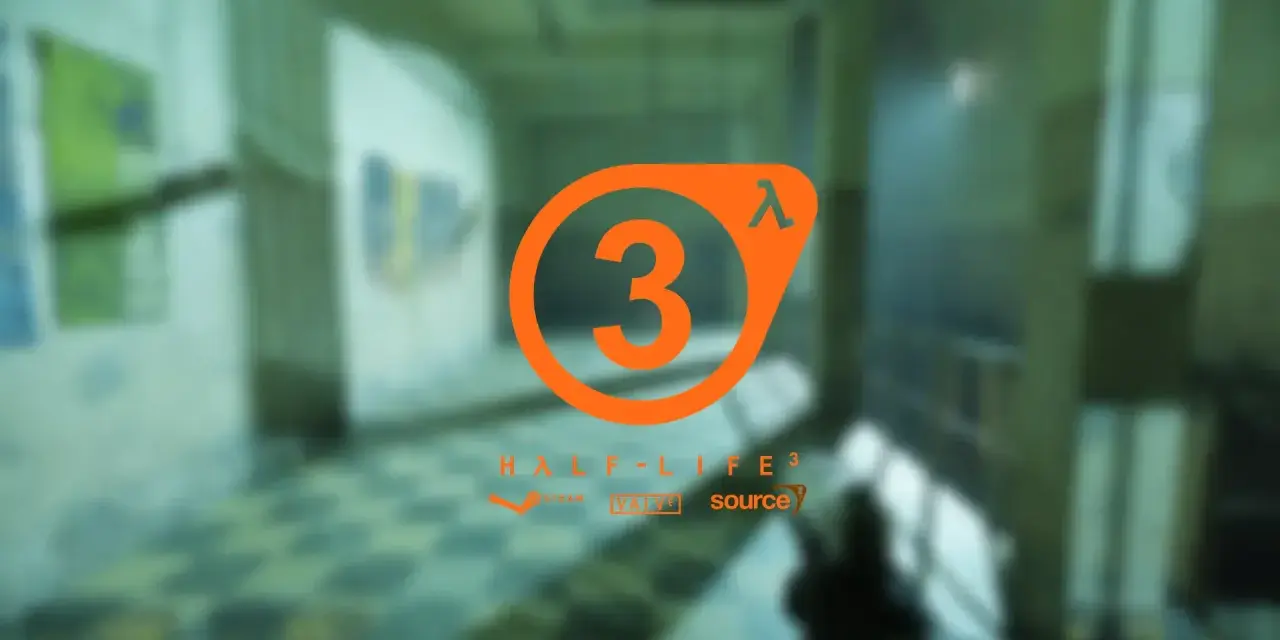 El logo de Half-Life 3, con el número 3 en naranja dentro del símbolo Lambda, sobre un fondo borroso de un pasillo.