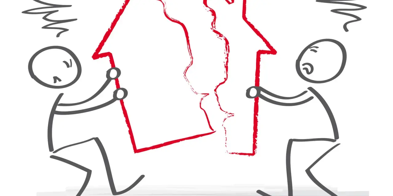 Deux personnages tentent de séparer une maison rouge, symbolisant les inconvénients d'une communauté universelle divisée.