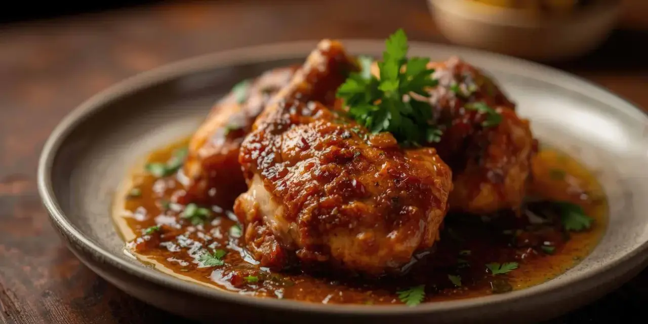 Pollo en salsa de la abuela Carmen, jugoso y cubierto de una rica salsa, servido en un plato con perejil fresco.