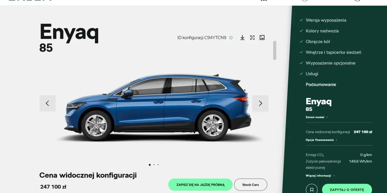 Niebieski Skoda Enyaq 85, cena widocznej konfiguracji 247 100 zł. Sprawdź aktualną skoda enyaq cena i konfigurację.