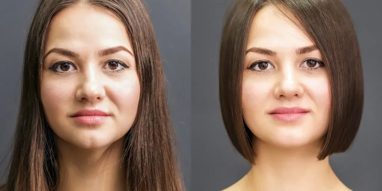 Przed i po: długie włosy kontra krótki bob. Idealne fryzury dla grubych twarzy, które wysmuklają.
