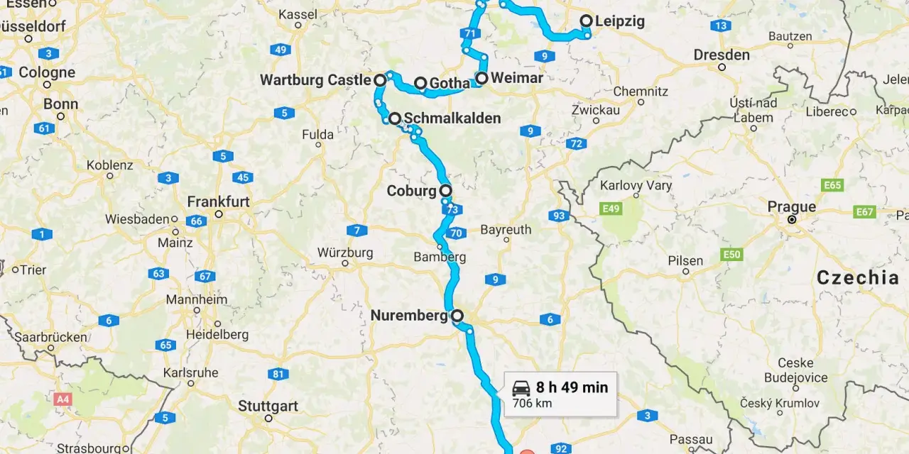Resa i norra Tyskland: en rutt från Wartburg Castle via Leipzig till München.