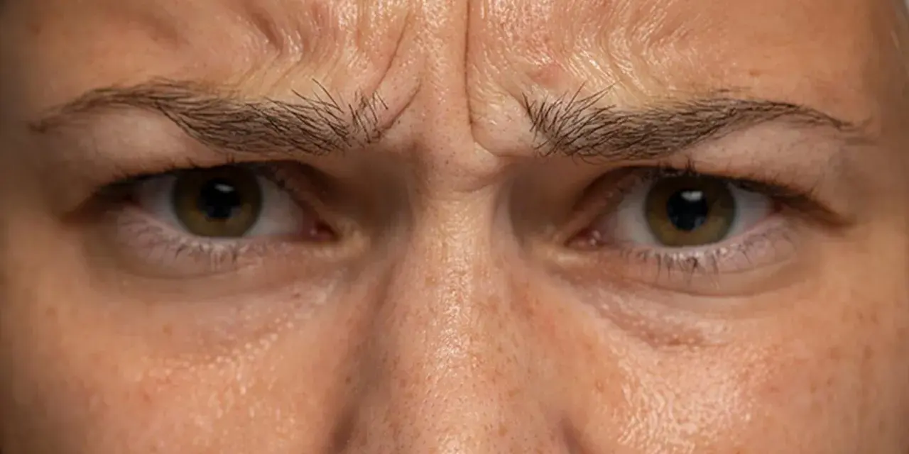 Nahaufnahme der Stirn einer Frau mit sichtbarer Zornesfalte mit 30. Die Augen sind zusammengekniffen, die Brauen nach unten gezogen.