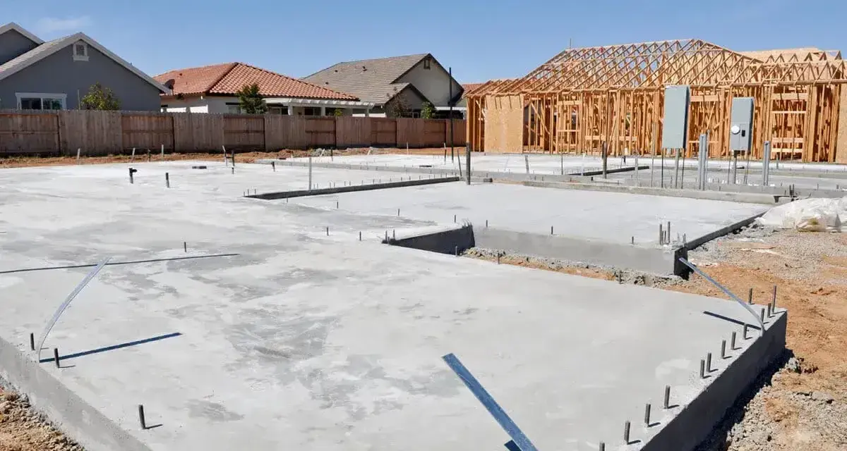 Fundament domu w budowie, widać beton na chudziaka, zbrojenie i szkielet drewniany przyszłego budynku.