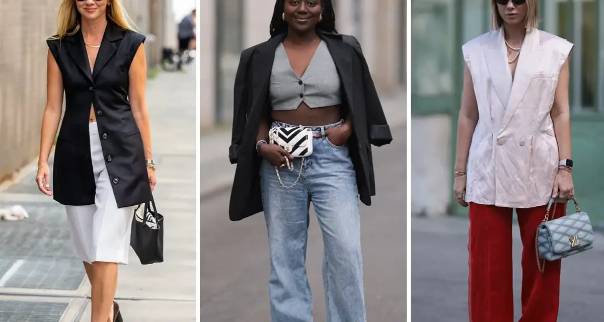 Moda: cosa mettere sotto gilet donna. Tre look con gilet eleganti: uno nero con pantaloni bianchi, uno grigio con jeans, uno rosa con pantaloni rossi.