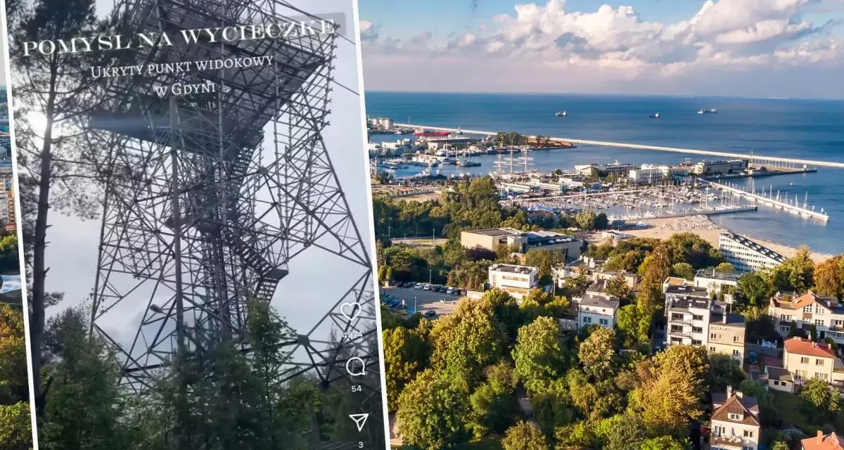 Metalowa konstrukcja przypominająca wieżę widokową, z której rozpościera się panorama Gdyni z portem i morzem.