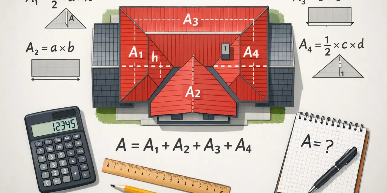 Ilustracja pokazuje, jak obliczyć powierzchnię dachu. Widać dom z czerwonym dachem podzielonym na części A1, A2, A3, A4, wzory matematyczne, kalkulator i przybory kreślarskie.