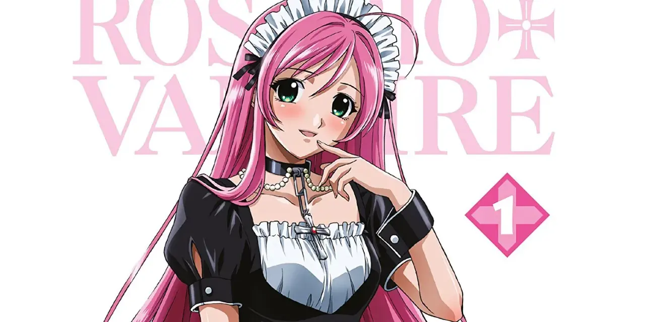 Manga-Charakter mit langen rosa Haaren, in einem Dienstmädchen-Outfit, mit einem Kreuz-Anhänger.