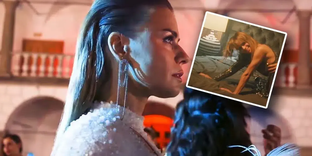 Natasza Urbańska w kadrze z jednego ze swoich filmów, w błyszczącej kreacji. W rogu zdjęcie z innej sceny.