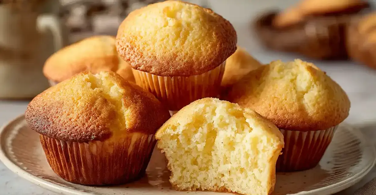 En tallrik med fluffiga muffins, perfekt för ett enkelt muffins recept. En muffin är delad och visar en mjuk insida.