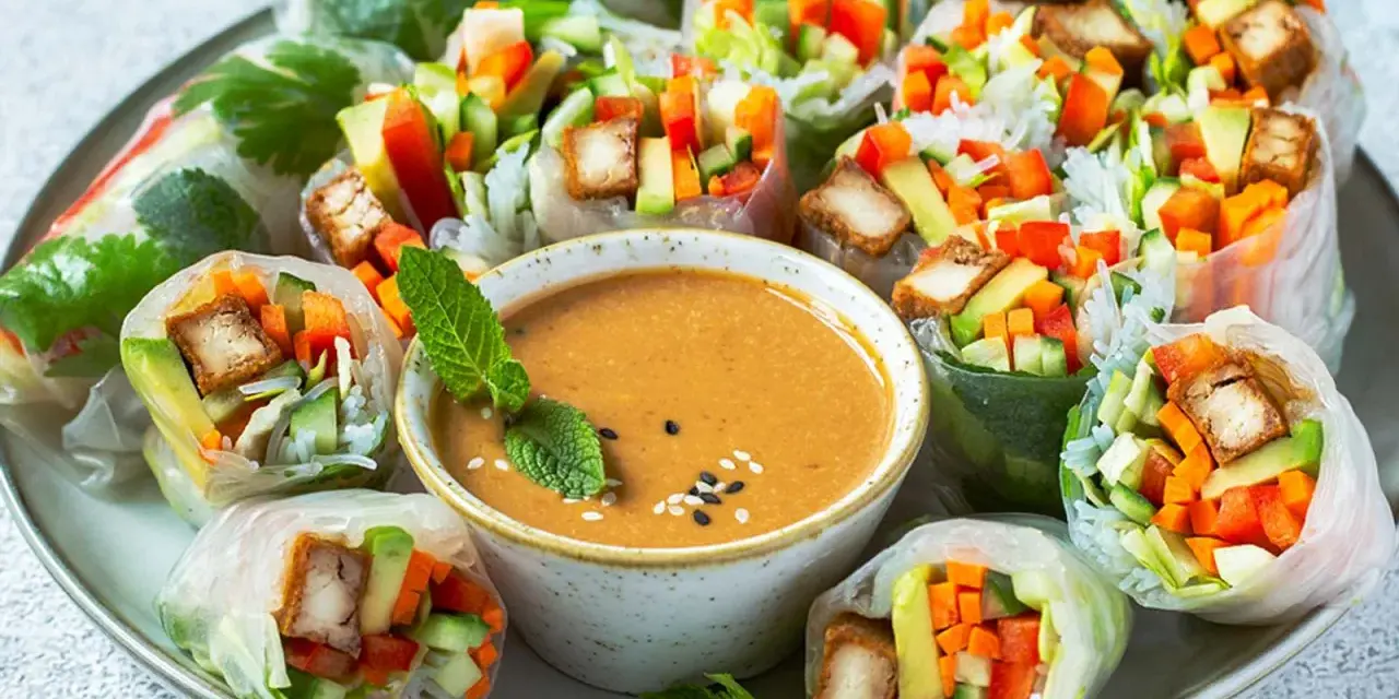 Frische Sommerrollen gefüllt mit Gemüse und Tofu, serviert mit cremiger Erdnusssauce. Ein leichter Genuss für warme Tage.