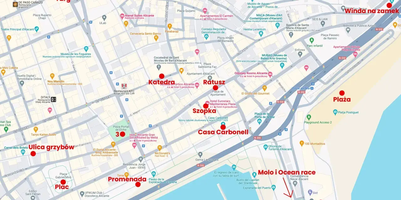 Alicante co zobaczyć: Winda na zamek, Plac, Targ, Katedra, Ratusz, Ulica grzybów, Promenada, Molo i Ocean race.