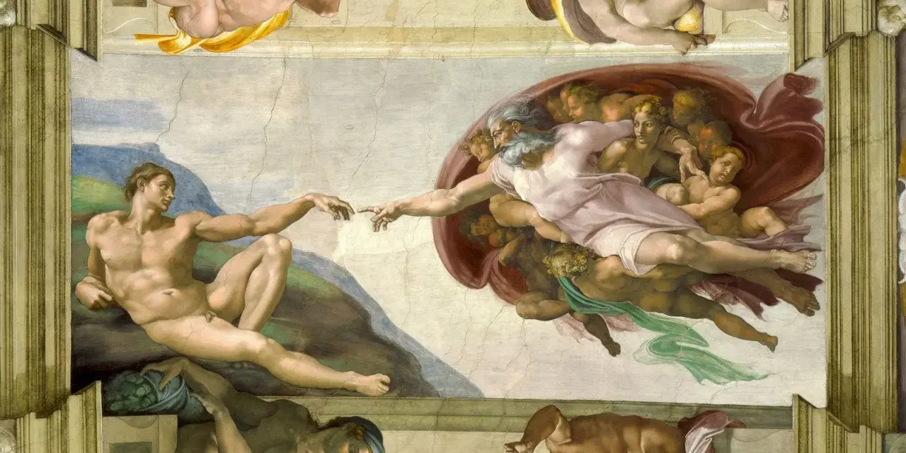 Adams skapelse, en ikonisk fresk. Gud sträcker ut sin hand mot Adam, en gest som symboliserar livets gnista. Secco betyder att måla på torr puts.
