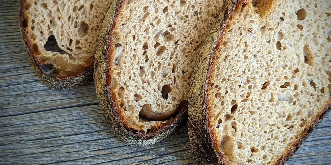 Drei Scheiben rustikales Sauerteigbrot liegen auf Holz. Der Sauerteig ist zu sauer, aber die Kruste ist perfekt gebräunt.