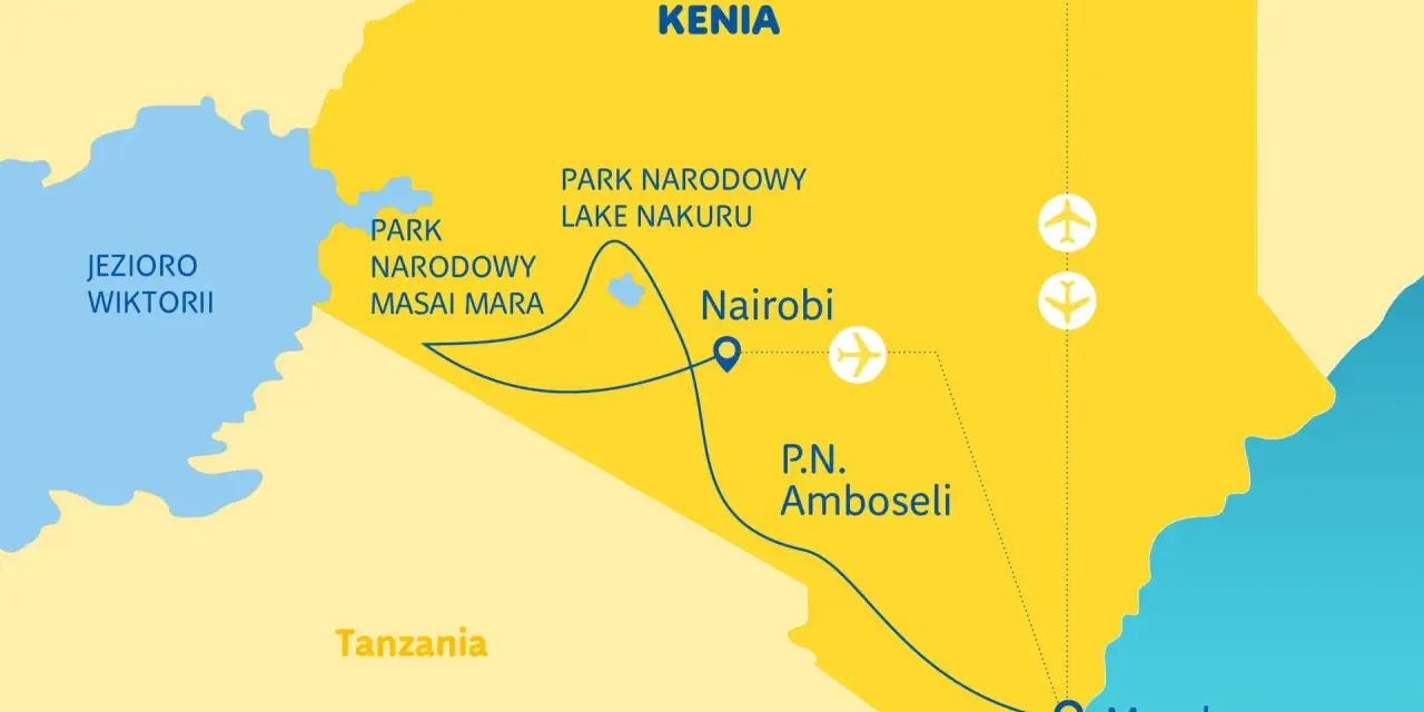 Mapa turystyczna Kenii z zaznaczonymi parkami narodowymi (Masai Mara, Lake Nakuru, Amboseli), Nairobi, Mombasą i Jeziorem Wiktorii.