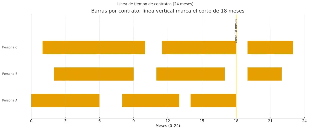 Gráfico de barras que muestra la concatenación de contratos de tres personas a lo largo de 24 meses. Una línea vertical marca el corte de 18 meses.