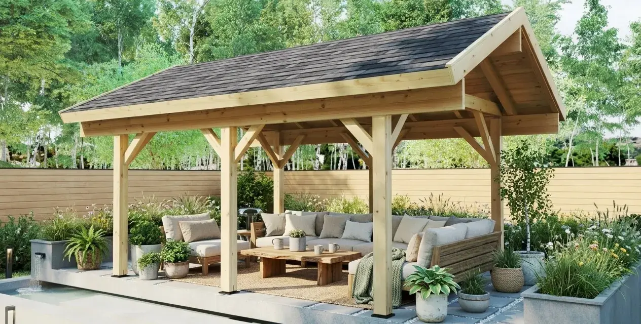 Ett modernt gazebo svenska med bekväm soffgrupp och soffbord, omgivet av grönska och en liten vattenfunktion.