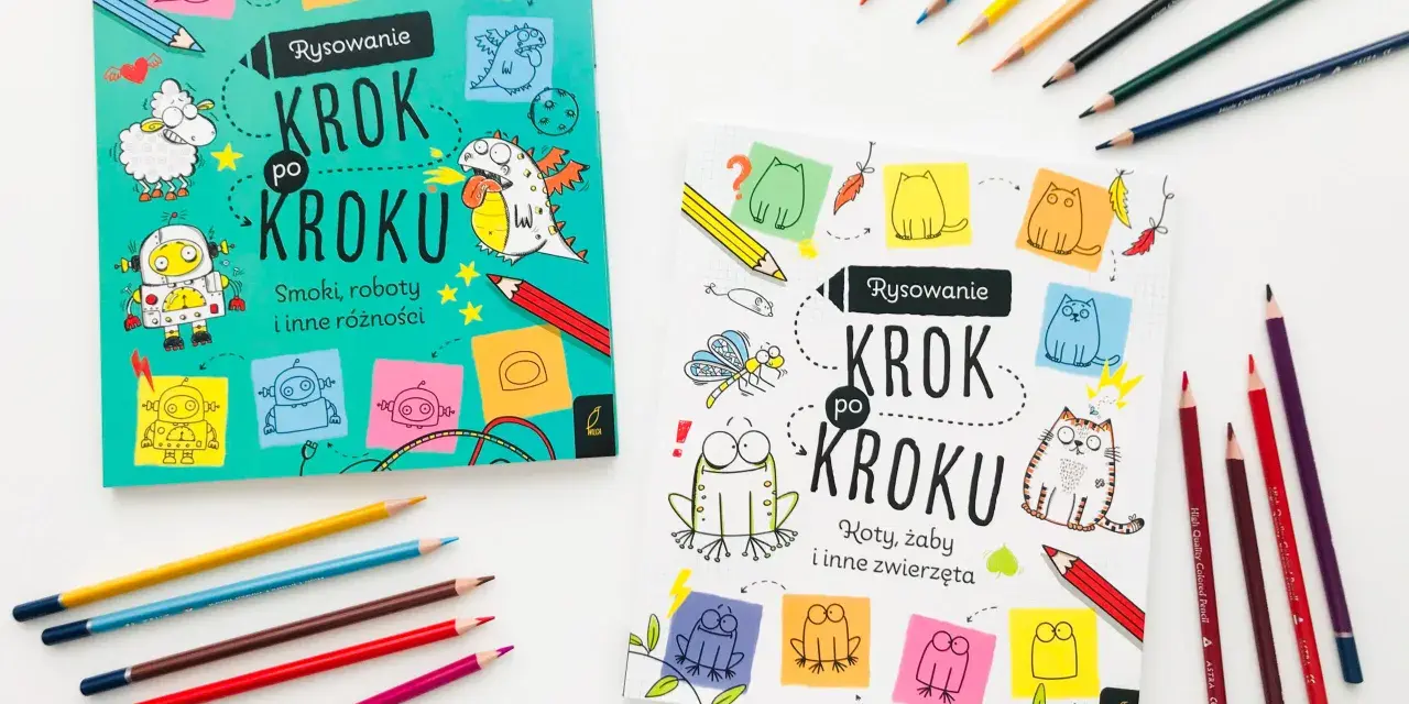 Dwie książki "Rysowanie Krok po Kroku" zachęcają do nauki rysowania smoków, robotów i zwierząt. Kolorowe kredki leżą obok, gotowe do tworzenia.