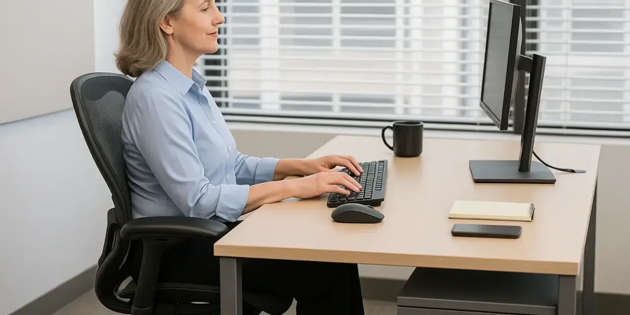 Kvinna arbetar vid datorn i en ergonomisk kontorsmiljö.