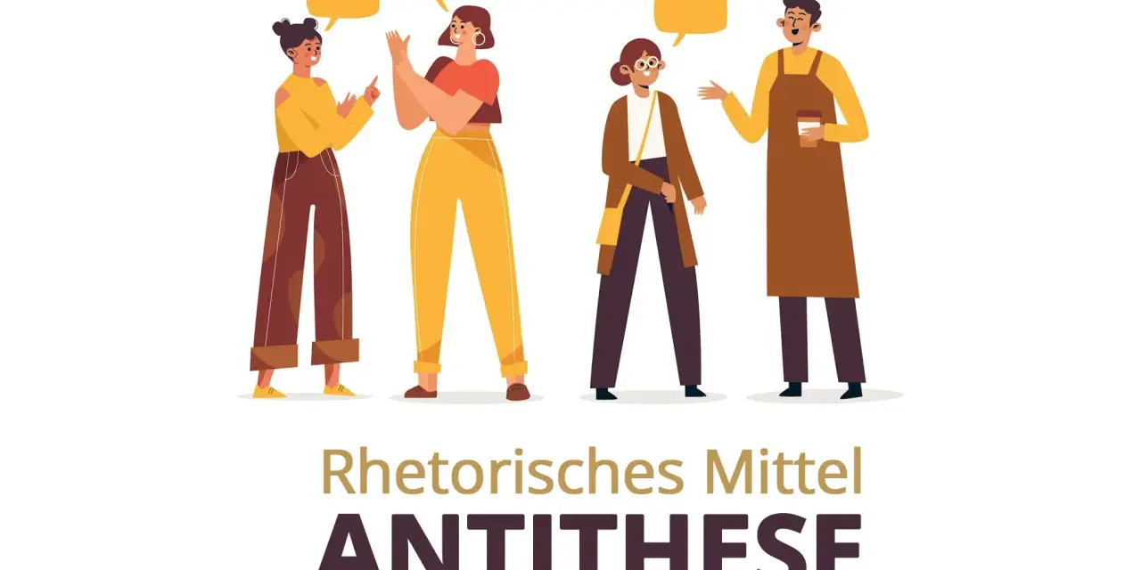 Vier Personen im Gespräch, die das rhetorische Stilmittel Antithese veranschaulichen.