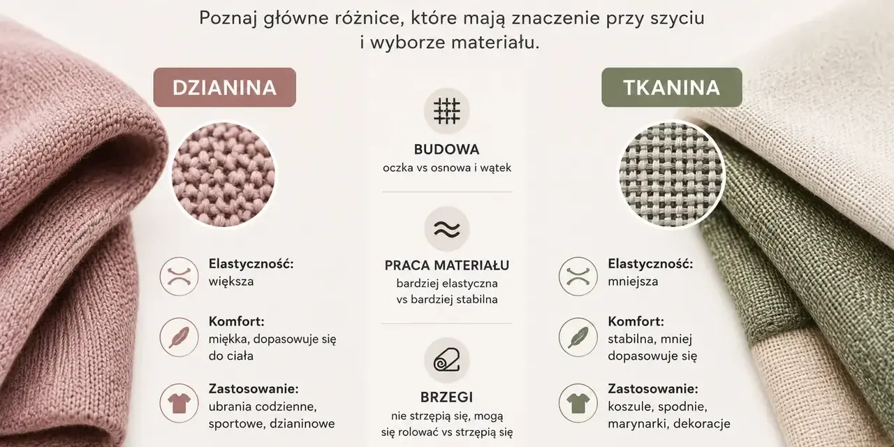 Dzianina vs tkanina: porównanie cech, budowy i zastosowań. Dzianina jest elastyczna, miękka i dopasowuje się do ciała.