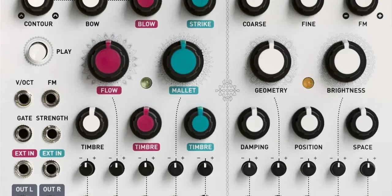 Panel syntezatora modalnego Mutable Instruments Elements z licznymi gałkami i złączami do modulacji dźwięku.