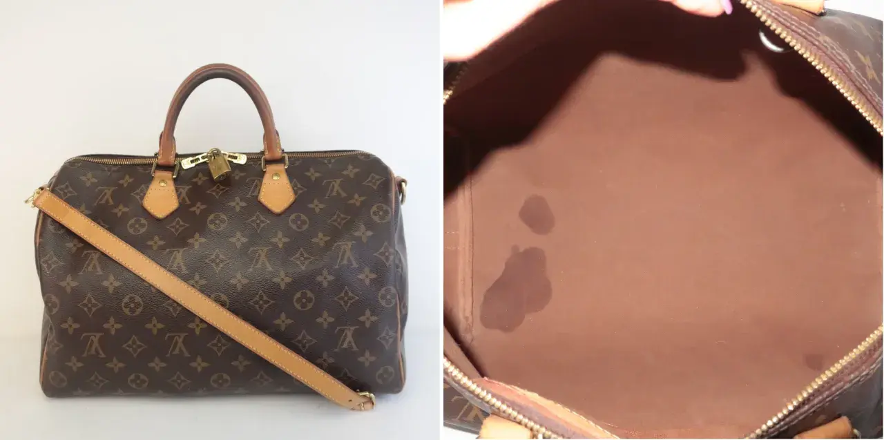 Borsa Louis Vuitton monogram con tracolla e lucchetto. Interno in tela marrone con macchie.