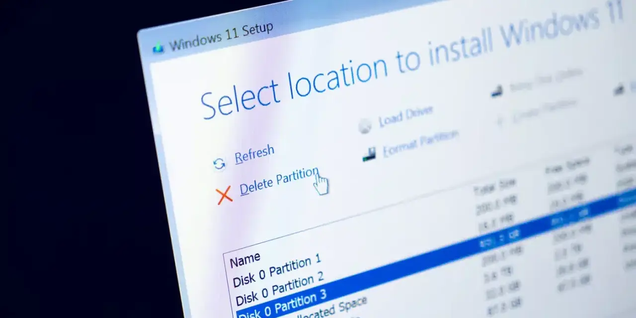 Instalator Windows 11 pokazuje opcje zarządzania partycjami. Kursor myszy wskazuje opcję "Usuń partycję", przygotowując do formatowania dysku.