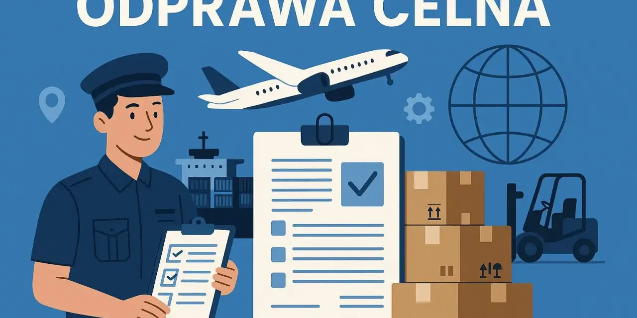 Uśmiechnięty agent celny z dokumentami, samolot, statek, globus, kartony i wózek widłowy symbolizują odprawę celną.