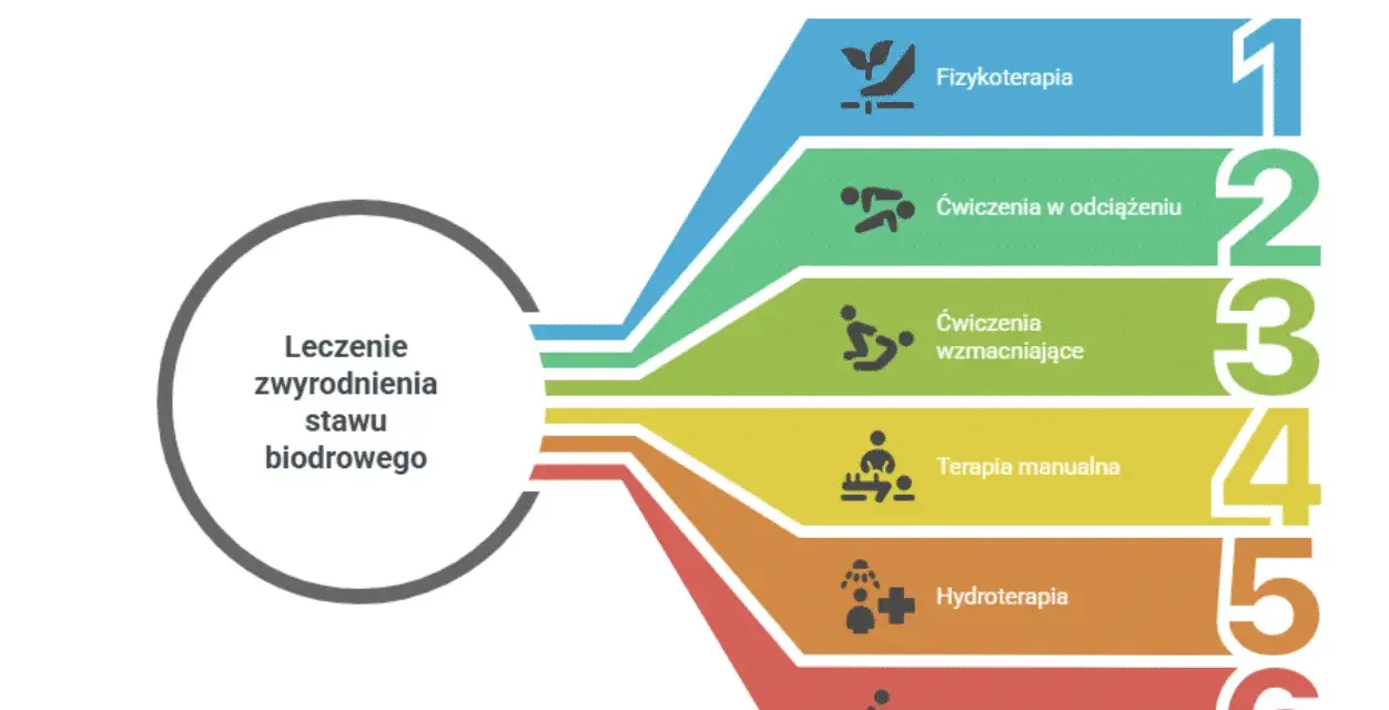 Metody leczenia zwyrodnienia stawu biodrowego: fizykoterapia, ćwiczenia w odciążeniu i wzmacniające, terapia manualna, hydroterapia, trening funkcjonalny.