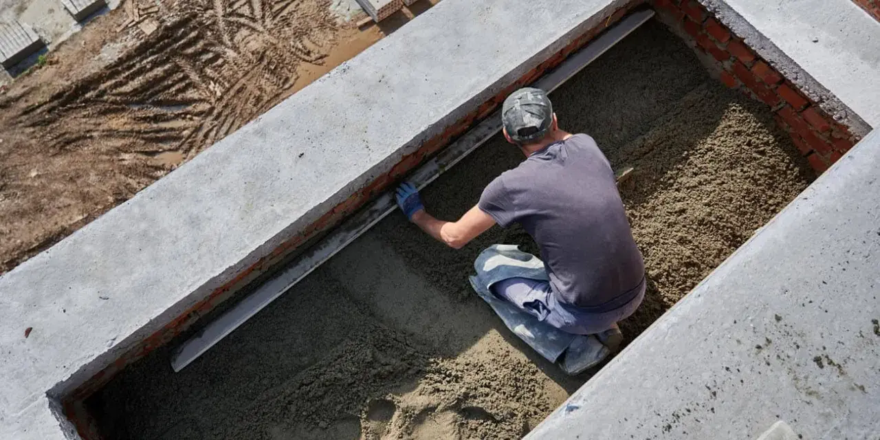 Budowlaniec wyrównuje świeży beton, pokazując, jak zrobić beton.