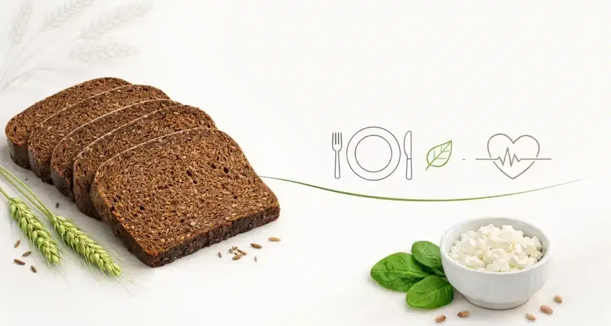 Plasterki pumpernikla, ser biały, liście szpinaku i symbole zdrowego odżywiania. Pumpernikiel kcal - zdrowy wybór.