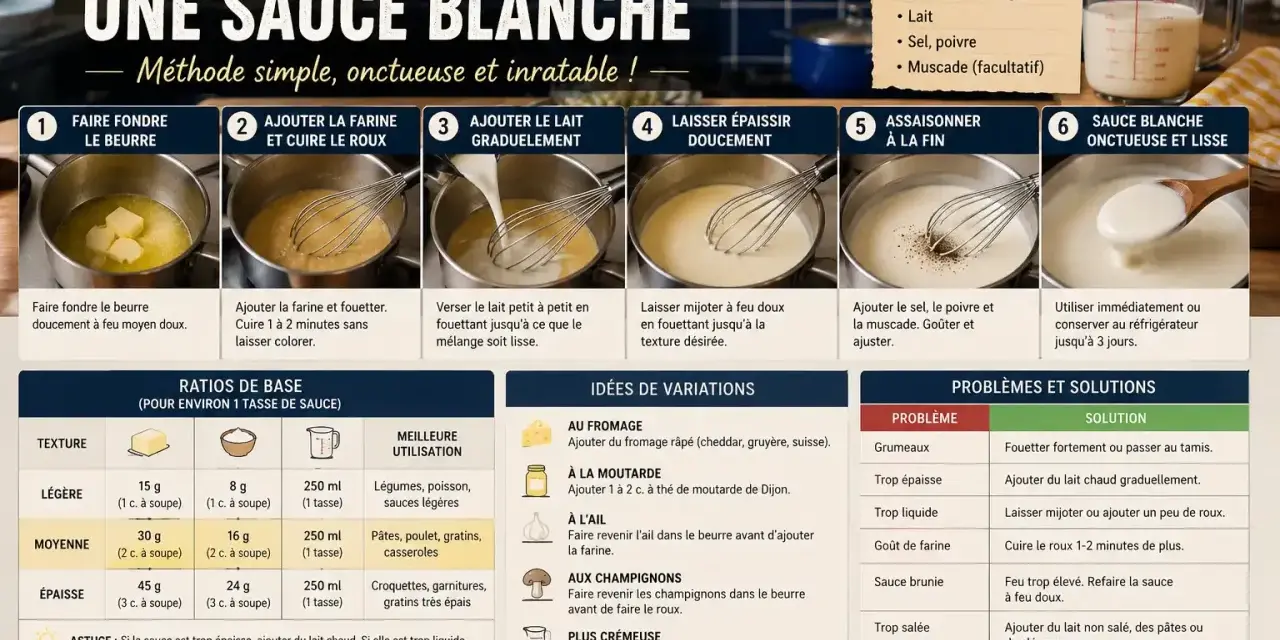 Étapes pour faire une sauce blanche onctueuse : faire fondre le beurre, ajouter la farine, puis le lait. Assaisonner à la fin.