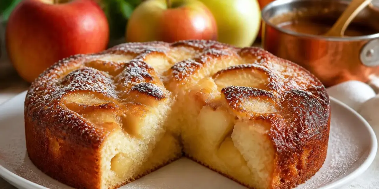Un délicieux gâteau aux pommes, saupoudré de sucre glace, avec des pommes fraîches en arrière-plan.