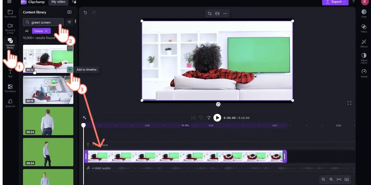 Interfaccia di editing video con ricerca "green screen cinema". Clip aggiunta alla timeline.