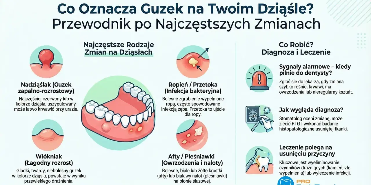 Ilustracja pokazuje ropień zęba, czyli bolesne zgrubienie na dziąśle wypełnione ropą, często spowodowane infekcją.