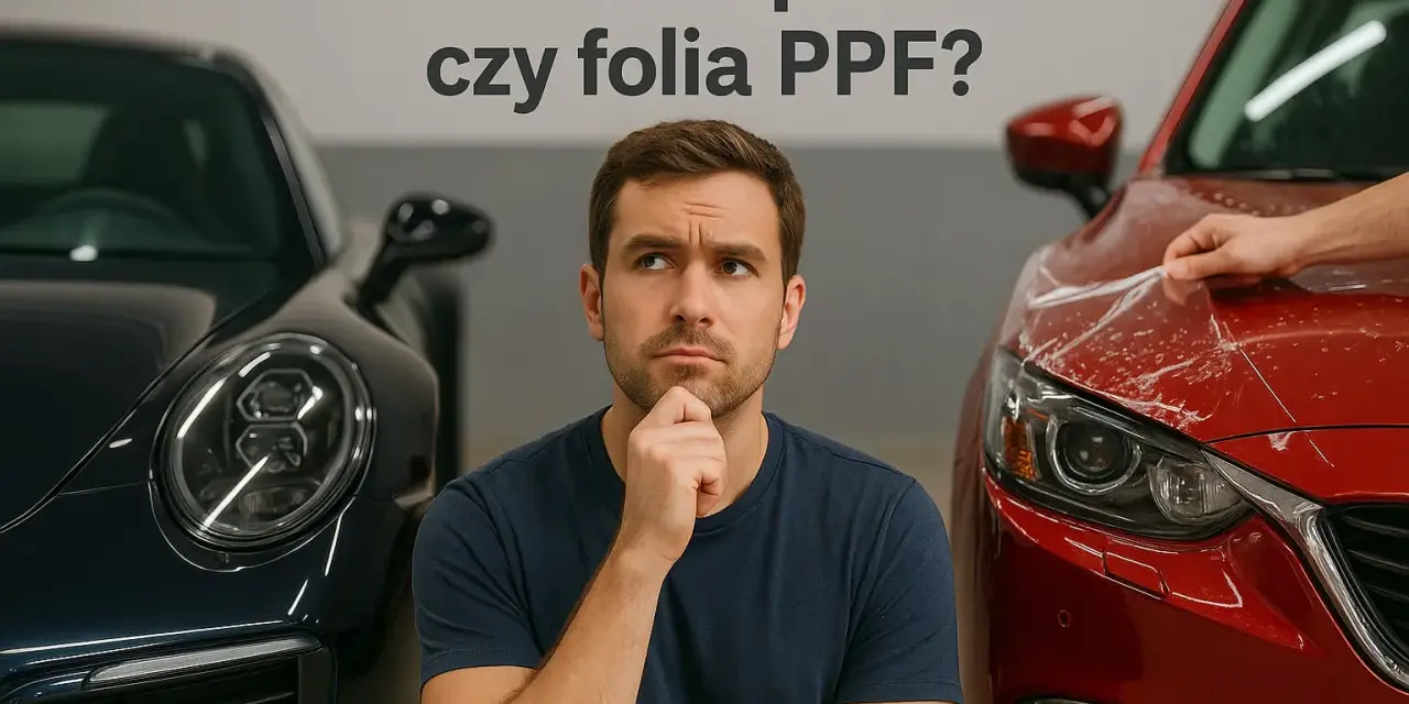 Mężczyzna zastanawia się nad ochroną karoserii: ceramiczna powłoka czy folia PPF? Obok niego stoją dwa auta.