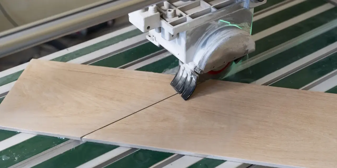 Precyzyjne cięcie paneli przy ścianie za pomocą piły z zielonym wskaźnikiem laserowym.