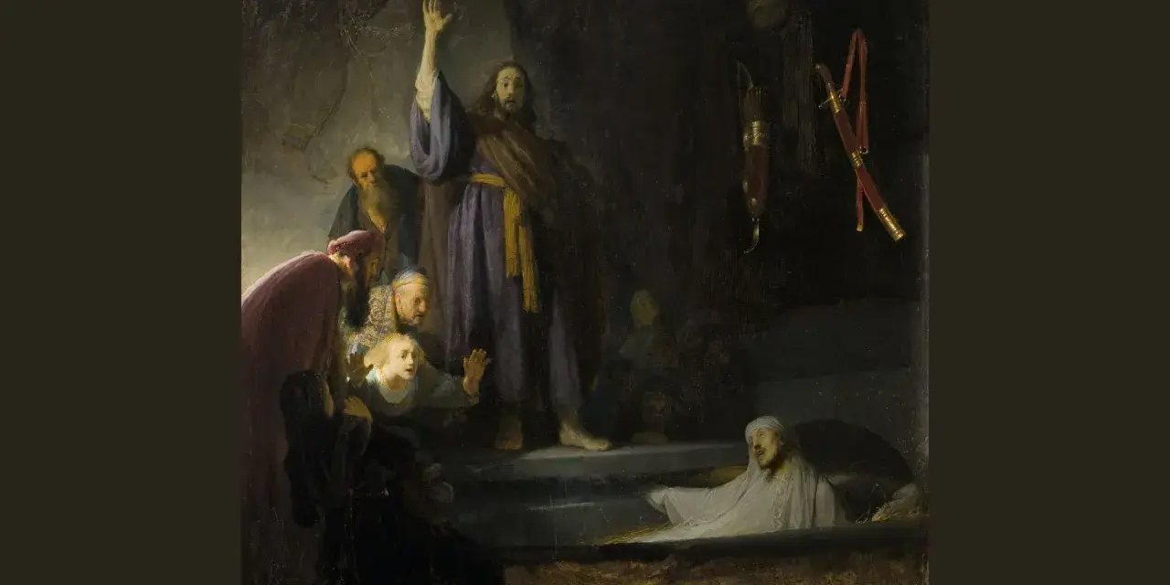 Rembrandt, Syn marnotrawny. Ojciec wita powracającego syna, otoczeni tłumem. W tle miecz i kołczan.