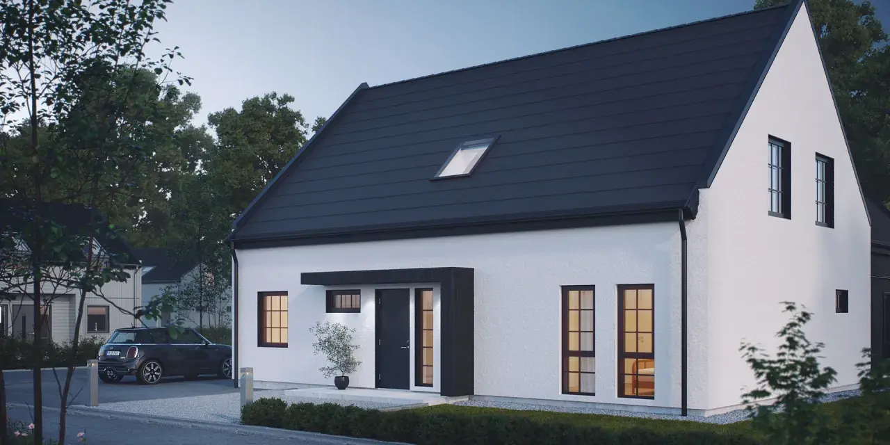 Modern vit villa med mörkt tak, perfekt inspiration framsida hus. En bil parkerad på uppfarten.
